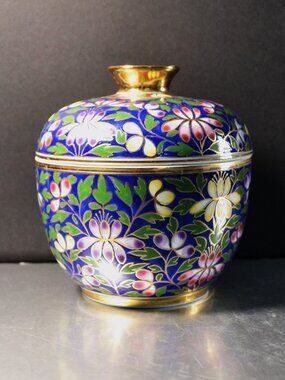 Traditional Thai Benjarong Ginger Jar Ornate Cobalt Blue Gold Enamel With Lid